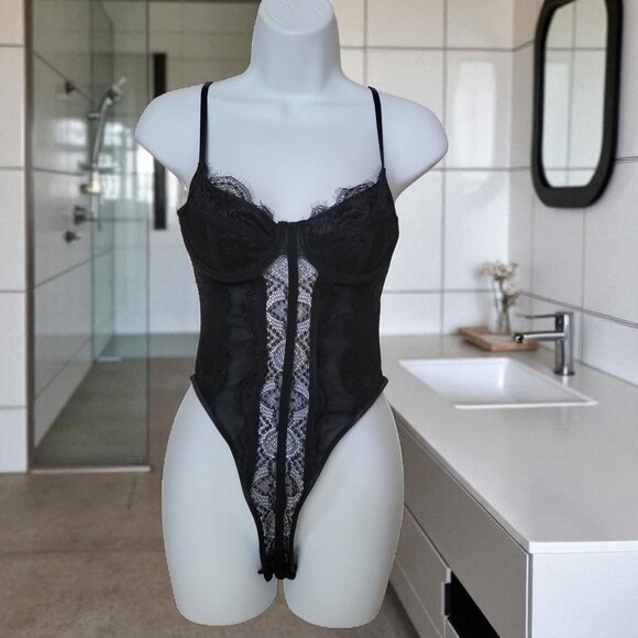 Shein Bae Black Lace Sheer Bodysuit with Adjustable Straps & Snap Closure- S - Picture 1 of 7